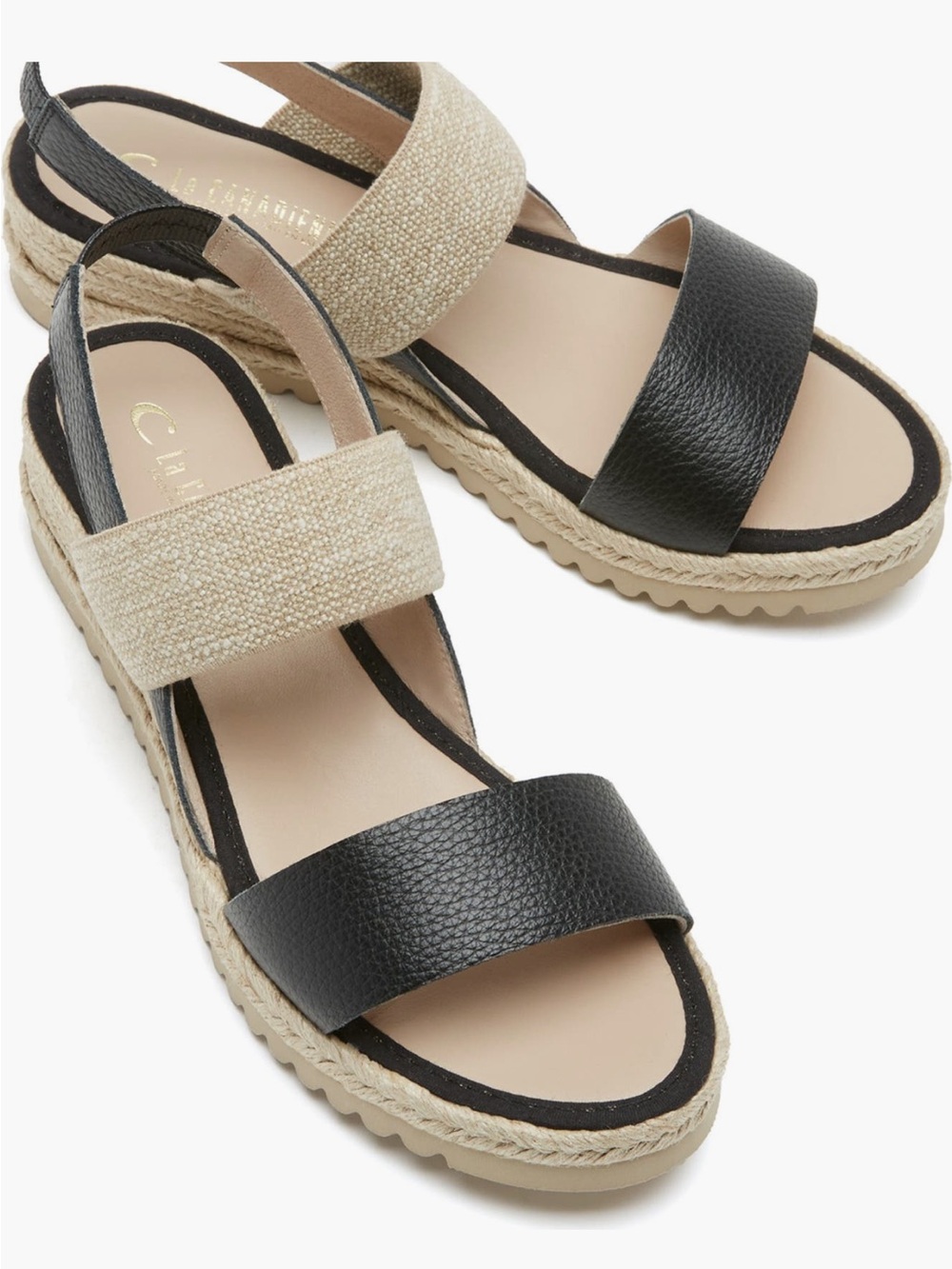 🆕 La CANADIENNE Black and Natural Two-Strap Platform Espadrille Sandal